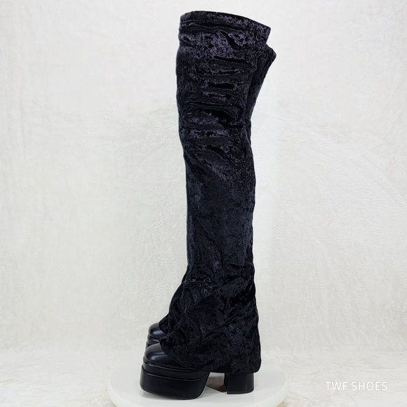 Unique Thigh High Black Velvet Fold over Skirted Chunky Heel Platform Boots - Picture 9 of 17